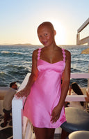 Beginning Boutique Marbelle Hot Pink Satin Mini Dress hot pink satin mini with sweetheart neckline and floral embellished str