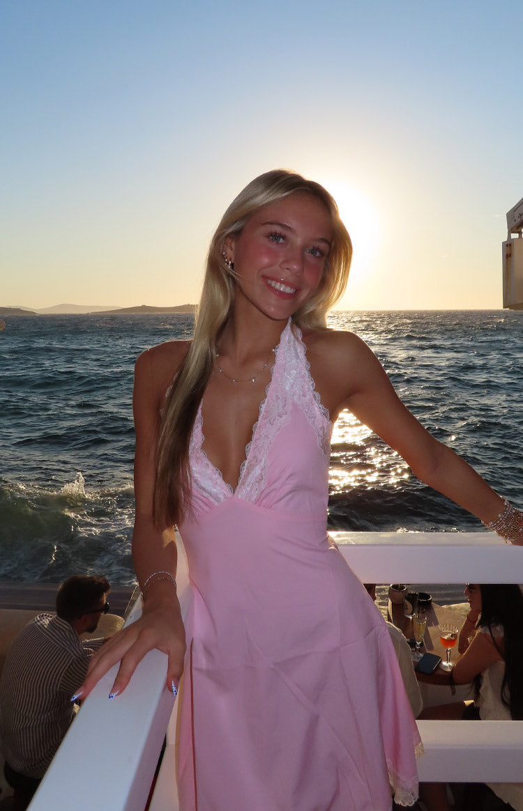 Beginning Boutique Cassidy Baby Pink Mini Dress baby pink halter neck mini dress with white lace trim