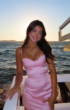 Beginning Boutique Trouble Light Pink Mini Dress light pink satin bodycon mini dress with sweetheart neckline and lace trim