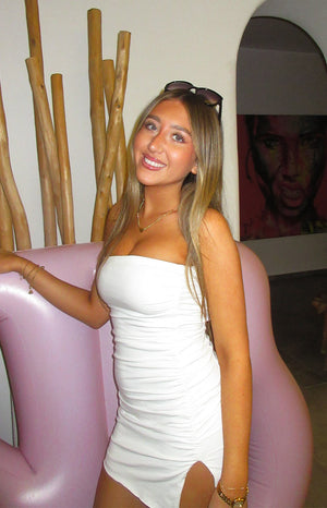 Beginning Boutique Let Go White Ruched Mini Dress white strapless bodycon mini dress with side slit
