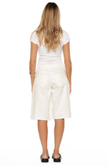 Rear view of white denim shorts with back pockets and a relaxed wide-leg fit