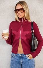 Groove Burgundy Star Zip Up Knit Sweater Image