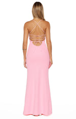 Rear view of a pink crepe maxi dress with a strappy lace-up back and tie detail
