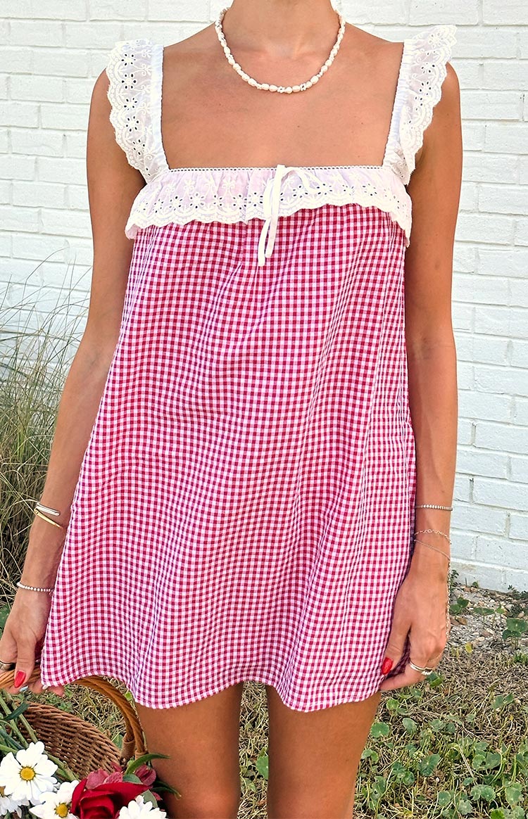 Beginning Boutique Harry Red Gingham Lace Mini Dress red gingham square neck mini with white broderie anglaise flutter sleeve
