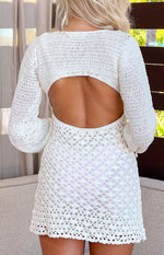 Helio White Crochet Long Sleeve Mini Dress Image