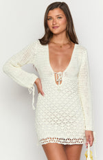 Helio White Crochet Long Sleeve Mini Dress Image