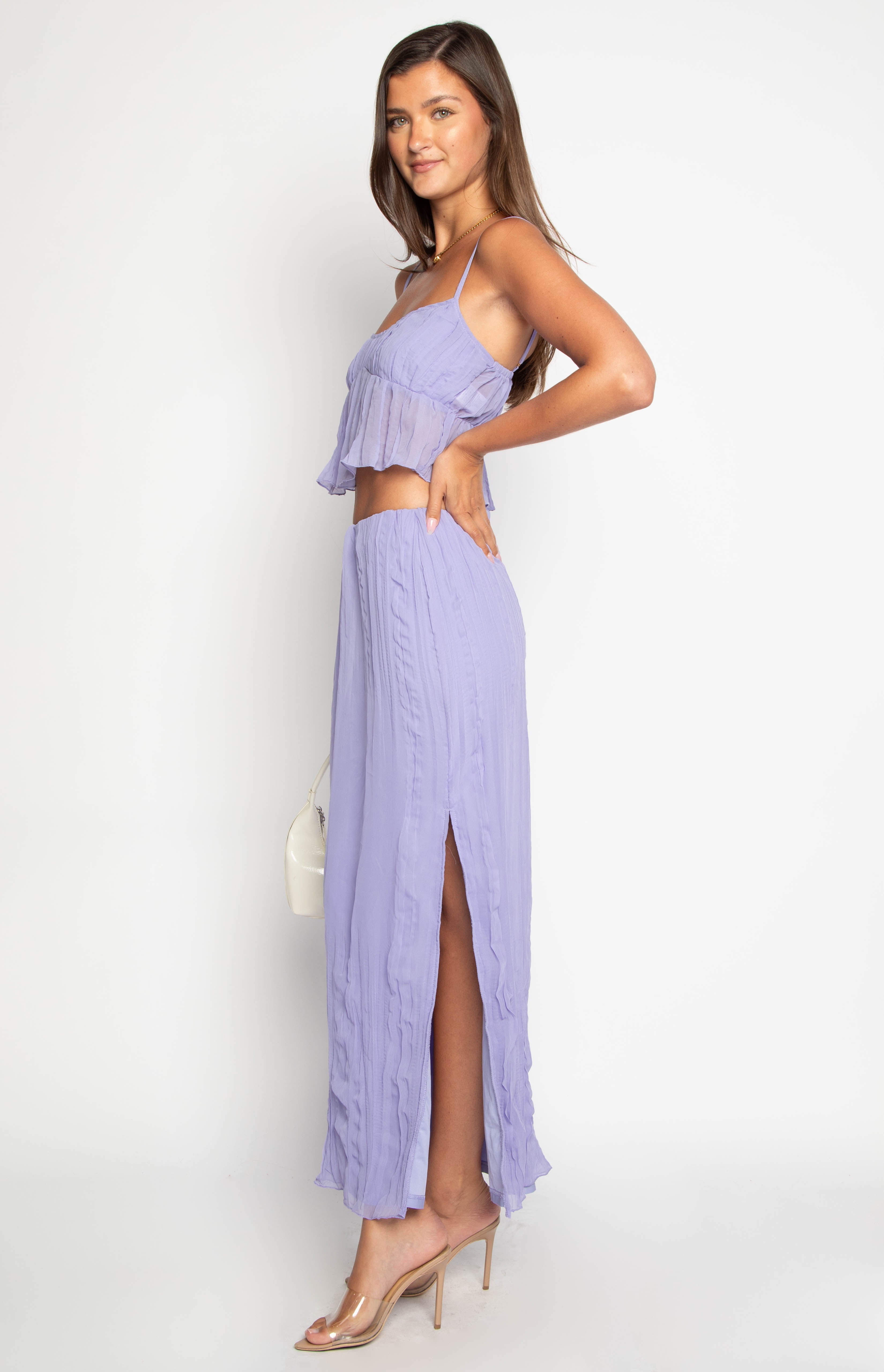 Beginning Boutique Her Moment Purple Maxi Skirt purple crinkled sheer maxi skirt with a high side slit