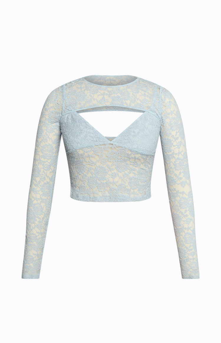 Cropped light blue floral lace long sleeve shrug with a cutout detail and sweetheart neckline