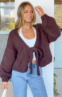 Beginning Boutique Holiday Chocolate Brown Tie Up Knit Cardigan chocolate brown chunky knit cropped cardigan with V-back tie