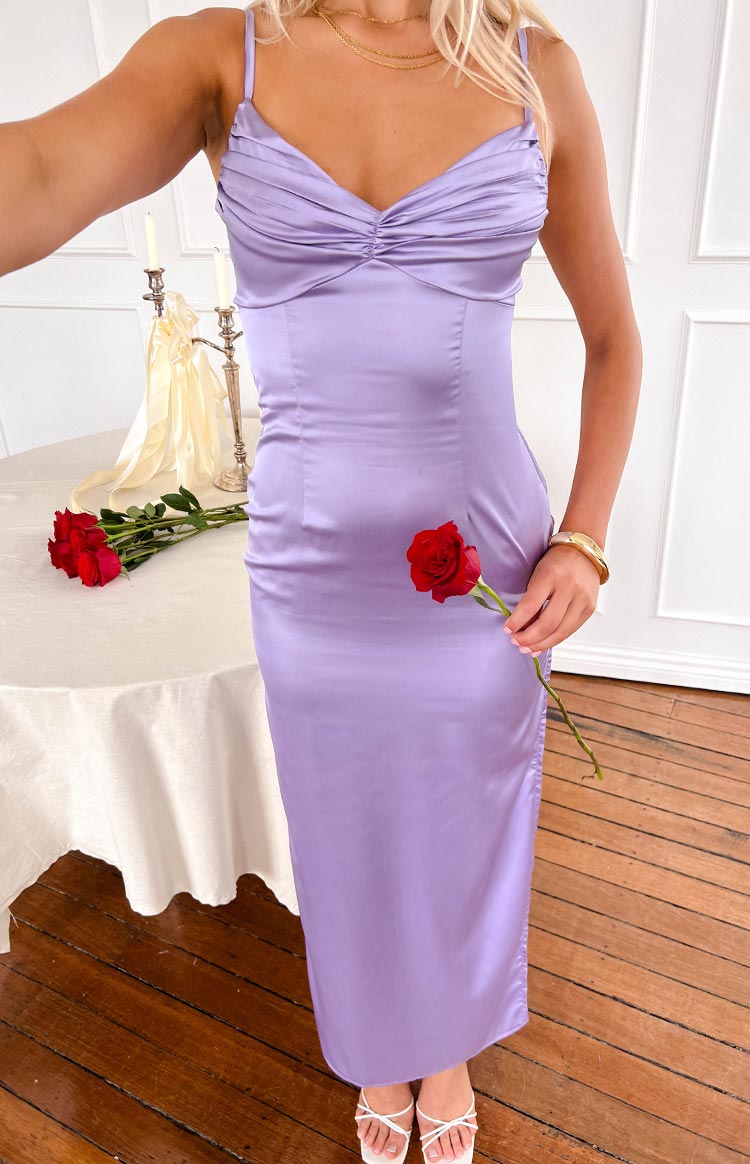 Lilac satin maxi dress with a ruched sweetheart neckline and thin spaghetti straps