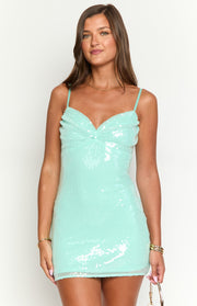Aqua sequin mini dress with sweetheart neckline and twisted bust detail