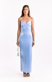 Front view of a light blue sequin maxi dress featuring a sweetheart neckline and thin spaghetti straps