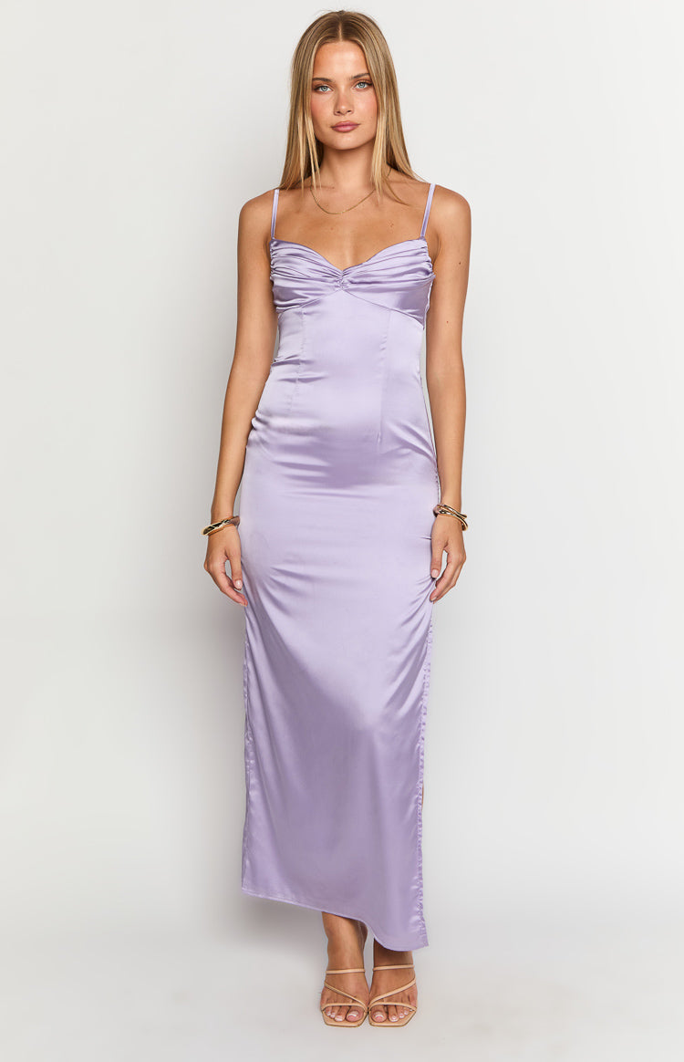 Front view of a lilac satin maxi dress with a ruched sweetheart bust and thin spaghetti straps