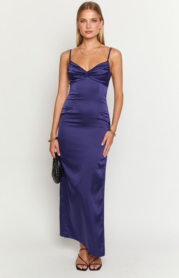 Navy satin maxi dress with a twisted sweetheart neckline, spaghetti straps, and a fitted silhouette