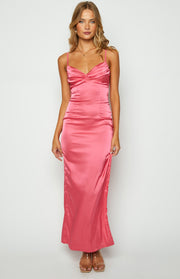 Honey pink satin maxi dress with a ruched sweetheart neckline and delicate spaghetti straps