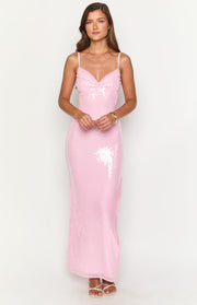 Front view of a honey pink sequin maxi dress with a V-neckline and thin spaghetti straps