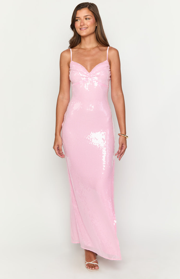 Front view of a fitted honey pink sequin maxi dress with a gathered sweetheart neckline and thin straps