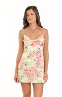 A charming yellow mini dress with a vibrant pink and orange floral print- featuring a ruched sweetheart neckline and delicate spaghetti straps- ideal for a cheerful party or homecoming event.