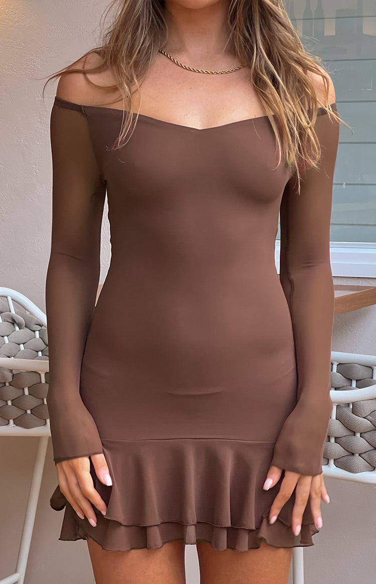 Front view of a brown off-shoulder long sleeve mini dress with a sweetheart neckline and double-layered ruffled hem