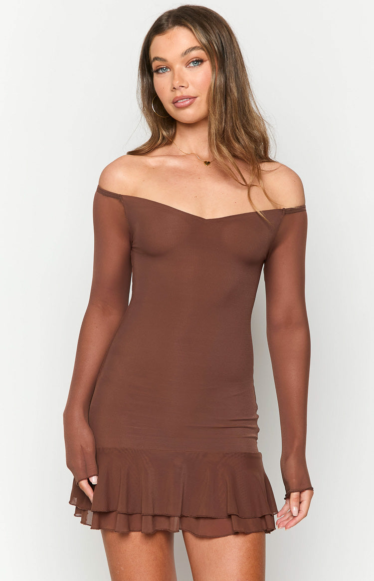 Brown off-shoulder mini dress with a V-neckline, sheer long sleeves, and a layered ruffled hem