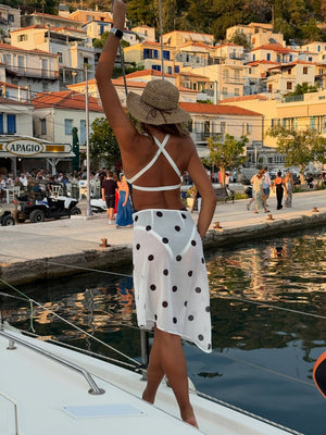 Beginning Boutique Jordan White Polka Dot Sheer Midi Skirt white sheer polka dot wrap midi skirt with an asymmetrical hem