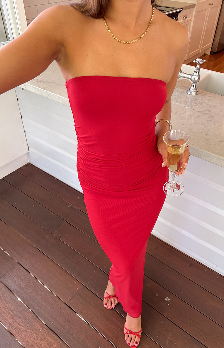 Beginning Boutique Imogen Red Maxi Dress red strapless bodycon ribbed knit maxi dress with side ruching