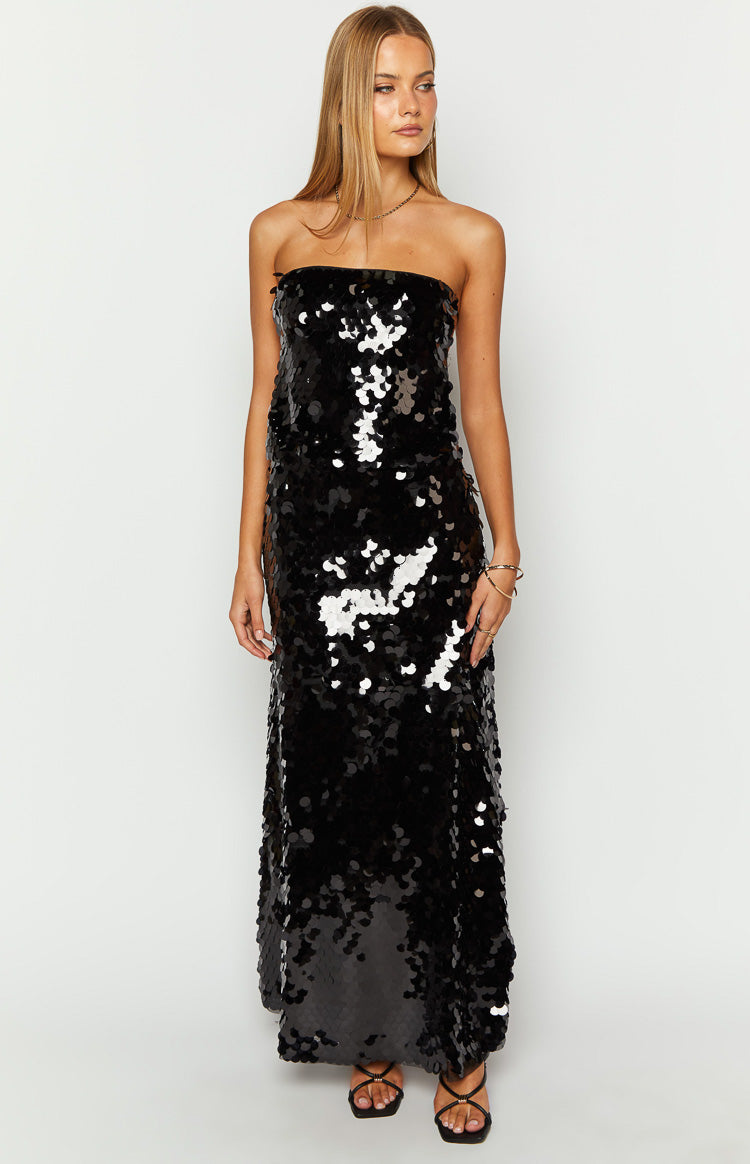 Black sequin strapless top with a straight neckline, relaxed fit, and floor-length design
