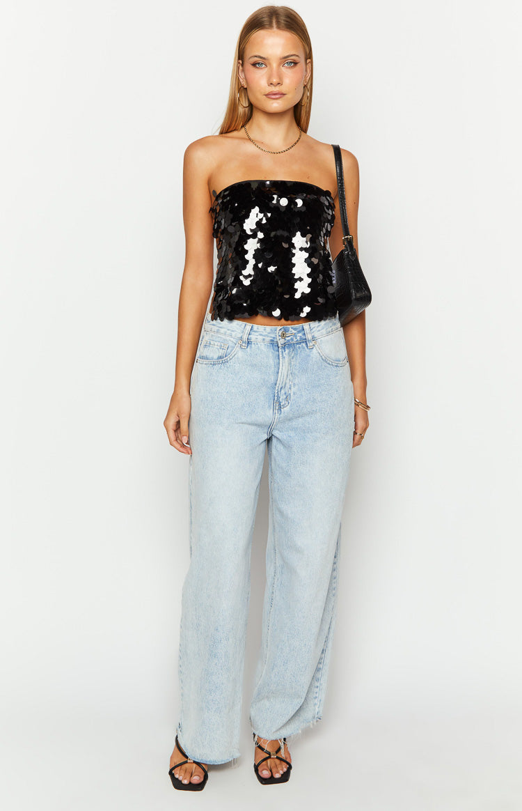 Black sequin strapless crop top with large round sequins and a straight neckline