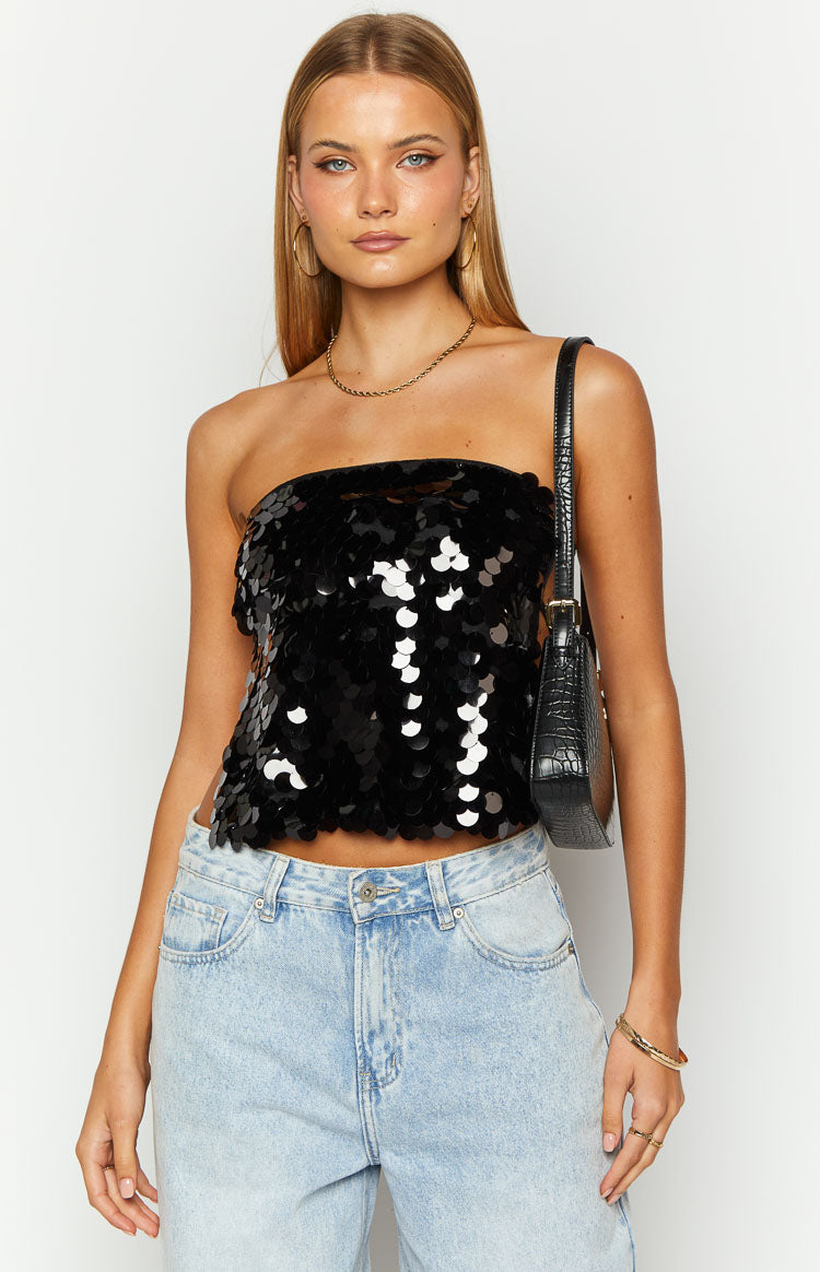 Black strapless sequin crop top with large, overlapping round sequins