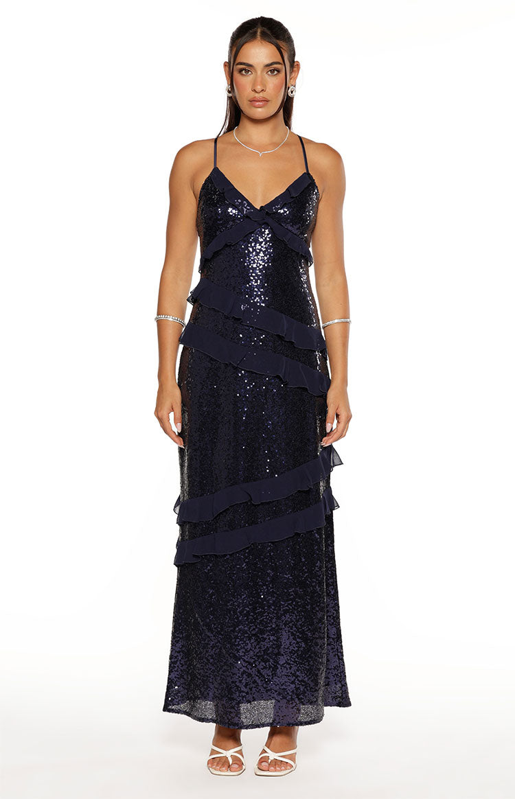 Navy sequin maxi dress with tiered ruffles cascading down the front and a V-neck