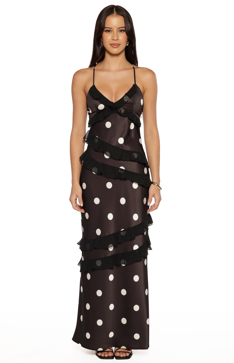 Inara Black Polka Dot Ruffle Maxi Dress Image