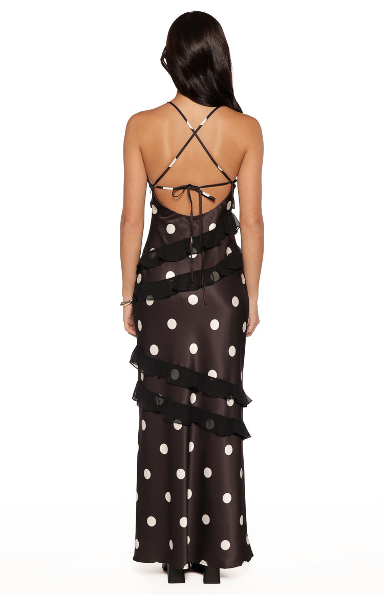 Inara Black Polka Dot Ruffle Maxi Dress Image