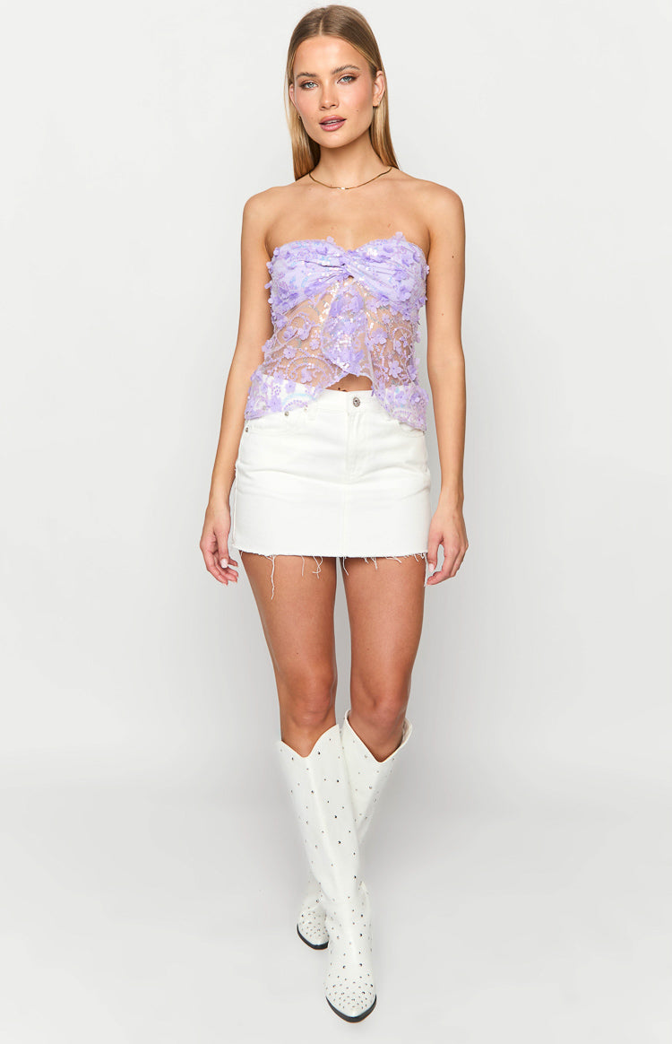 Sheer purple strapless top with sequin floral appliques and a twisted bow detail at the bust