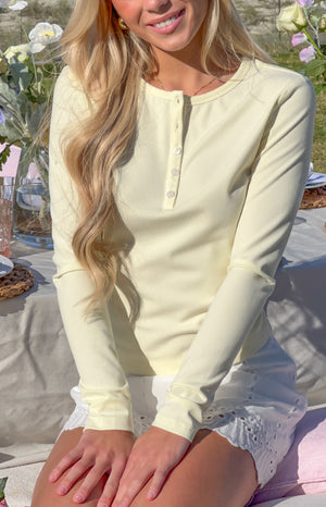 Beginning Boutique Isabelle Yellow Long Sleeve Top pale yellow ribbed knit round neck henley top with long sleeves