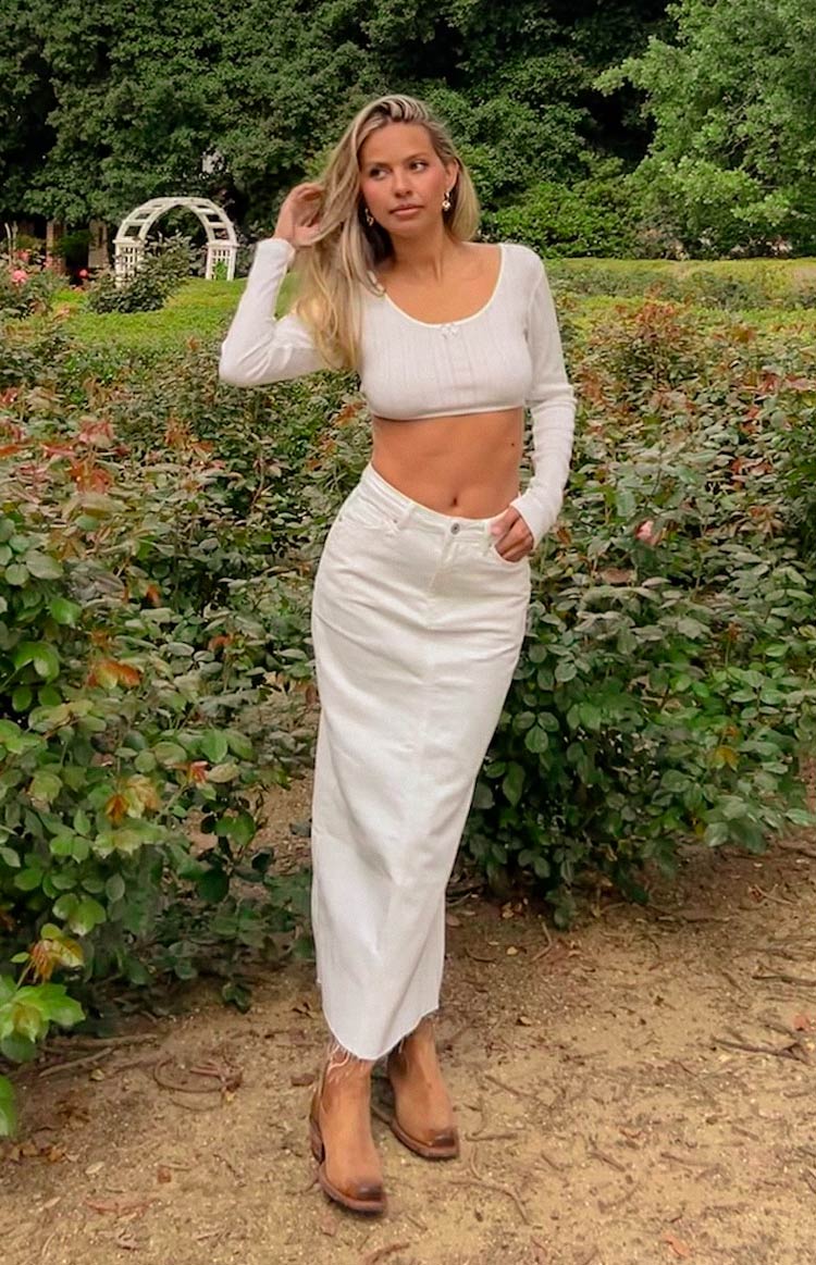 Beginning Boutique Isla White Denim Midi Skirt white denim high-waisted midi skirt with raw hem