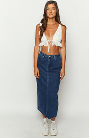 Beginning Boutique Isla Dark Denim Midi Skirt dark denim blue straight midi skirt with front seam and pockets