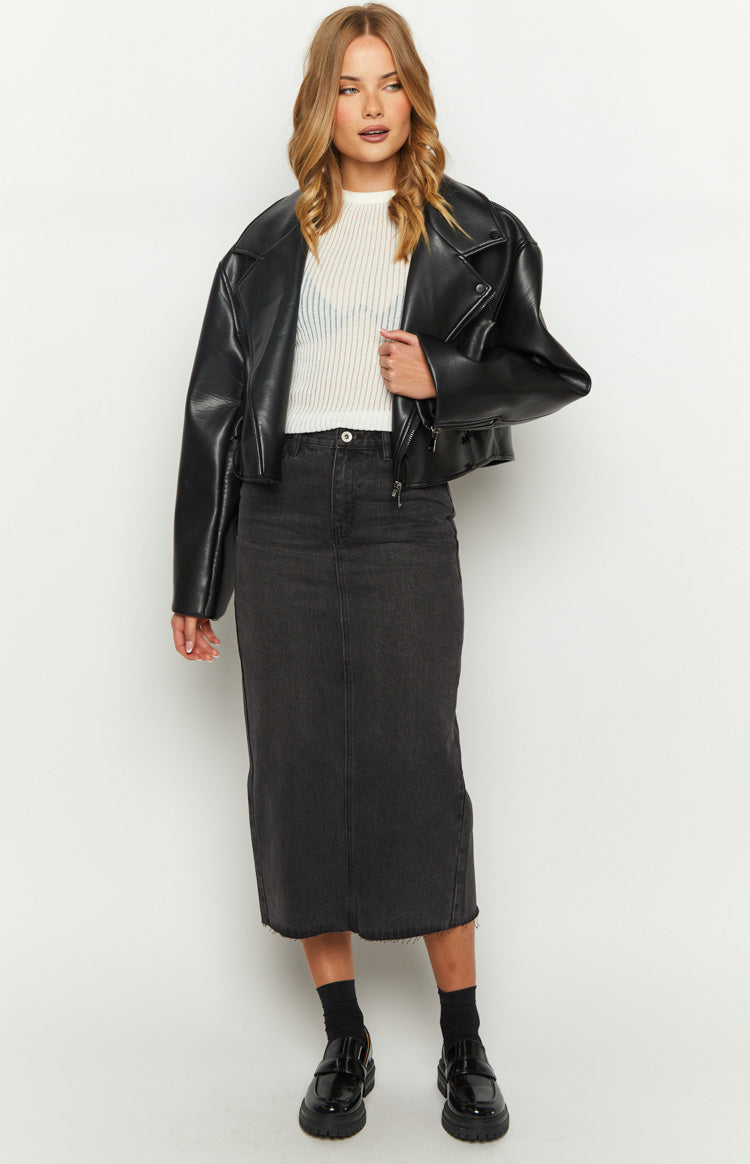 Isla Washed Black Denim Midi Skirt Image