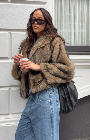 Beginning Boutique It Girl Chocolate Faux Fur Jacket chocolate brown faux fur jacket with wide lapels and long sleeves, cropped length