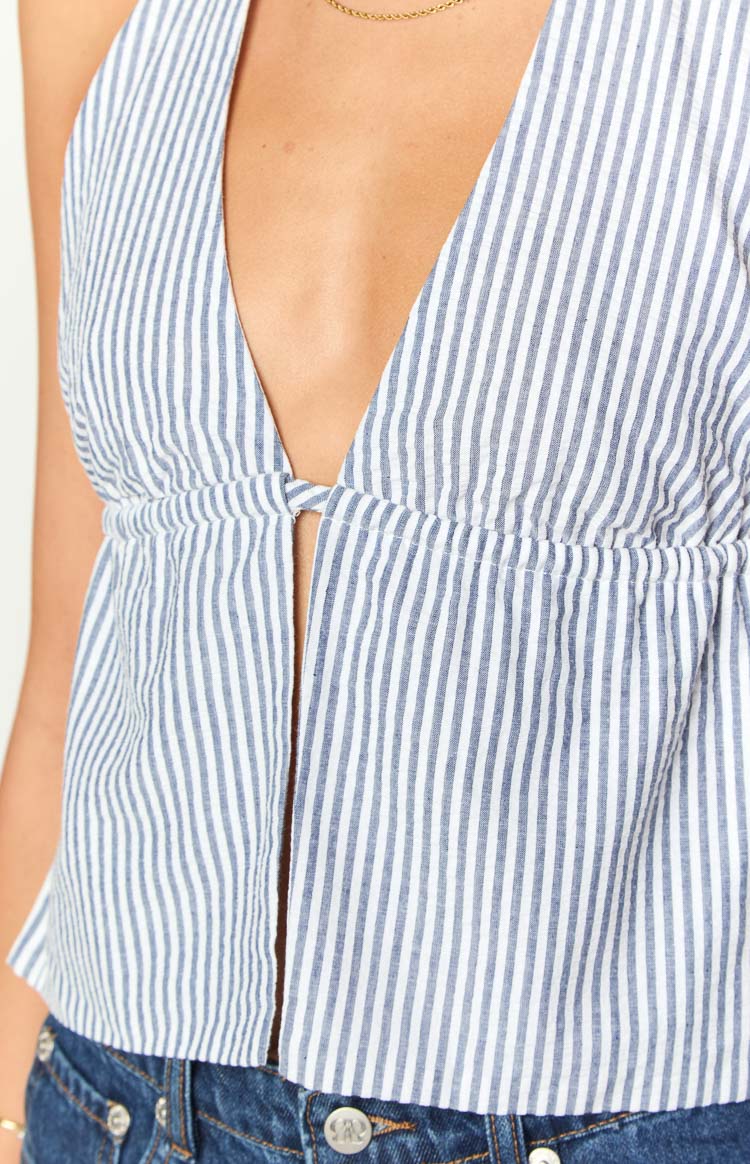Close-up of the navy stripe halter neck top showing the deep V-neckline, front tie detail, and gathered waist