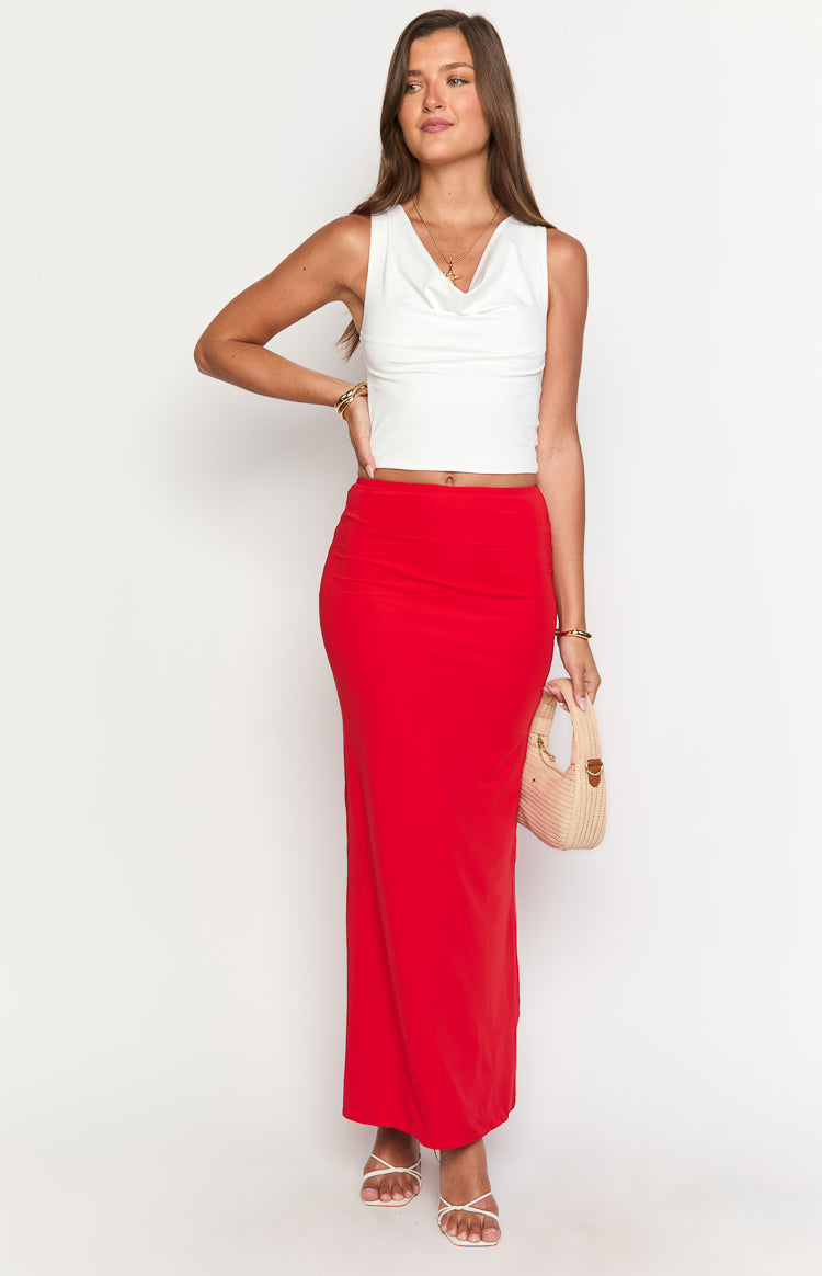 Red fitted maxi skirt with a smooth bodycon silhouette