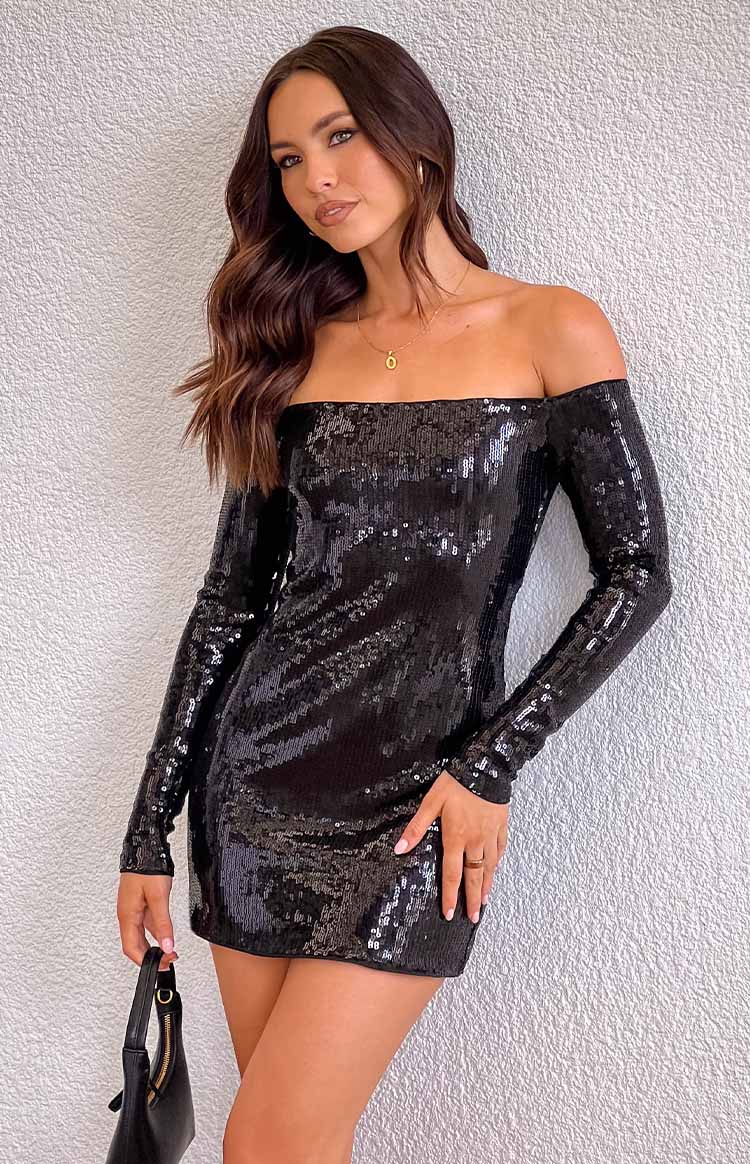 Beginning Boutique Jazmin Black Sequin Long Sleeve Mini Dress black sequin off-shoulder bodycon mini dress