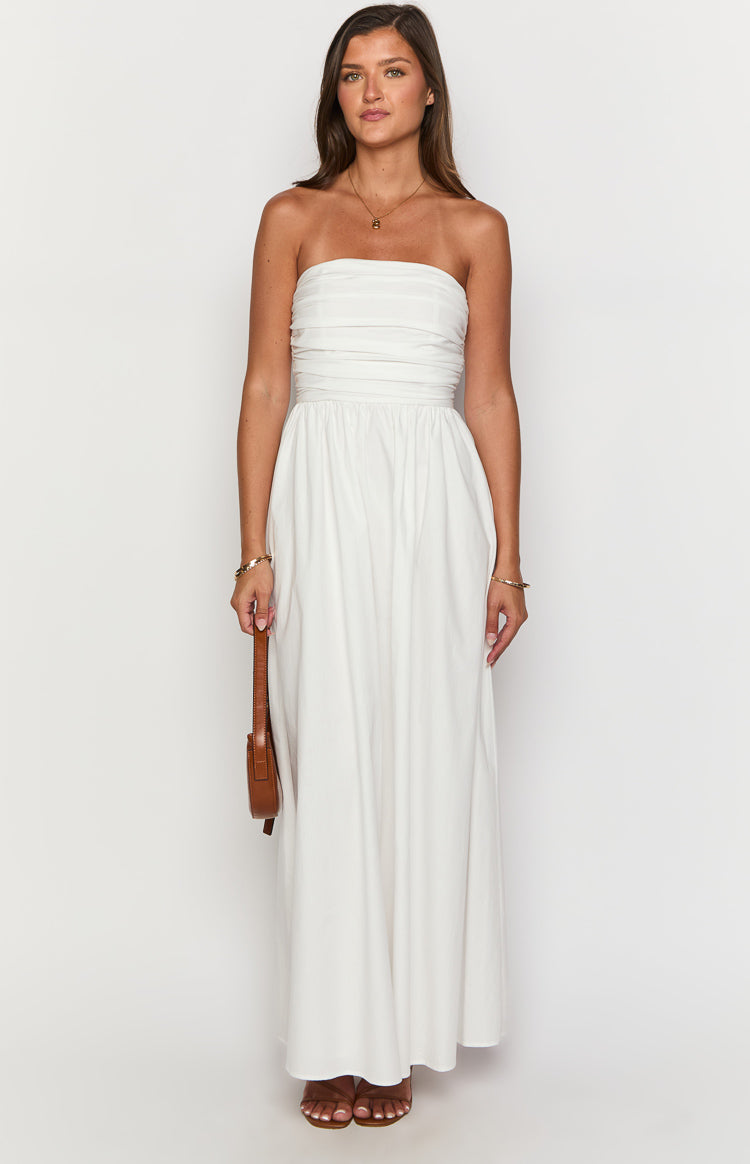 Front view of a white strapless maxi dress with a ruched bodice and elasticated waist