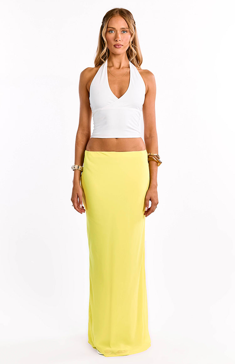 Beginning Boutique Jacqulin Yellow Maxi Skirt yellow fitted high-waisted maxi skirt in a smooth fabric