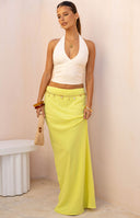 Beginning Boutique Jacqulin Yellow Maxi Skirt yellow fitted bodycon maxi skirt with a smooth drape