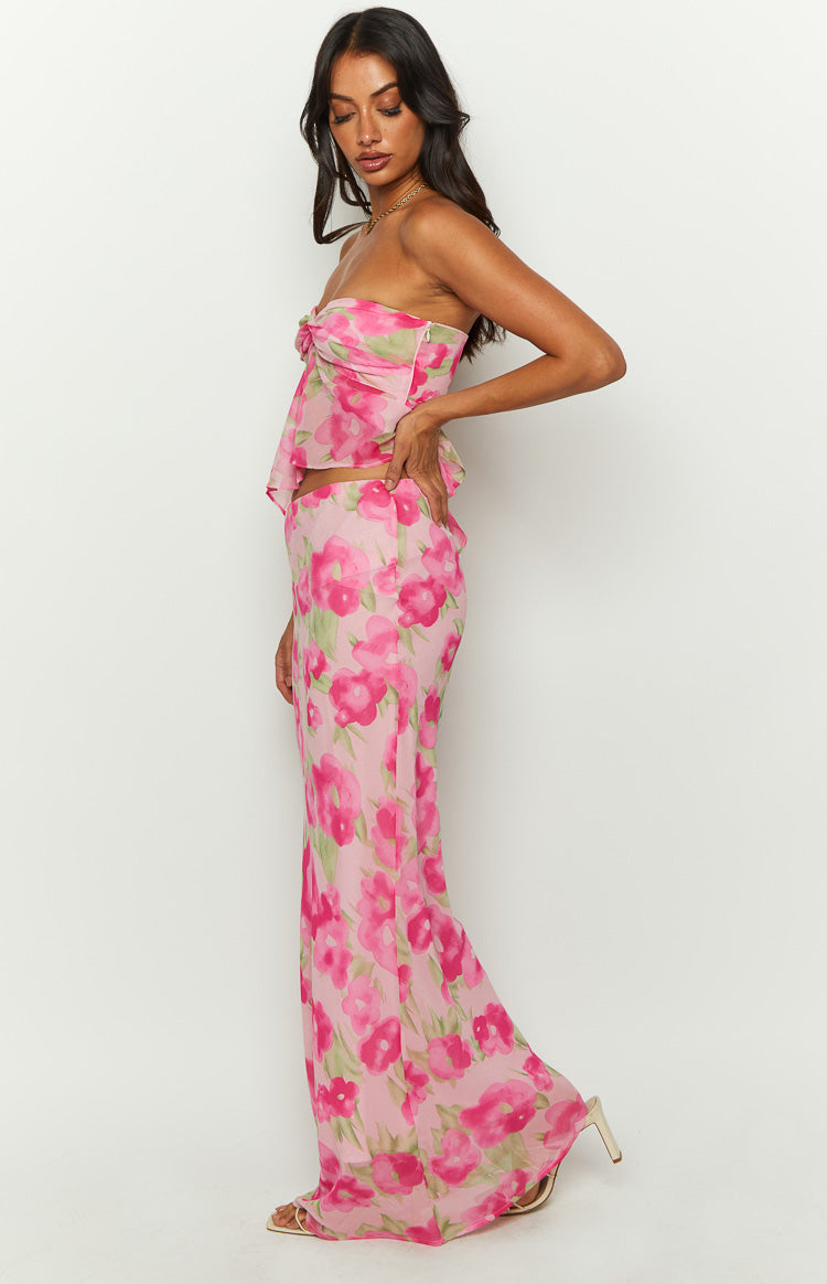 Beginning Boutique Jacqulin Pink Floral Print Maxi Skirt pink sheer floral print flowy maxi skirt with a fitted waist and full length