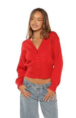 Beginning Boutique Janda Red Knit Oversized Cardigan — red knit oversized cropped cardigan with V-neck and button front