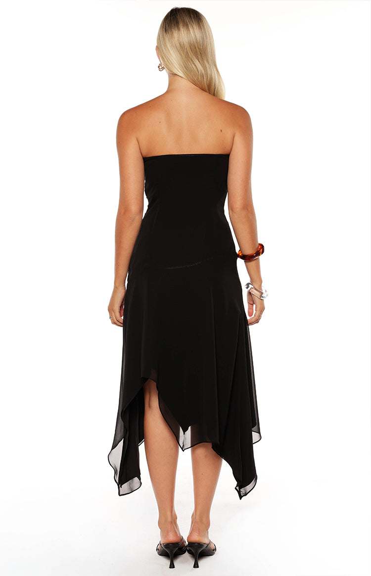 Jannah Black Strapless Hanky Hem Midi Dress - PRE ORDER Image