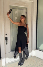 Jannah Black Strapless Hanky Hem Midi Dress - PRE ORDER Image