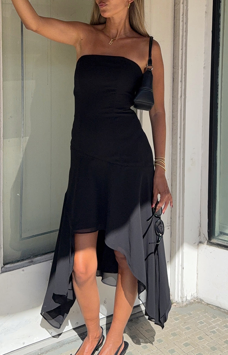 Jannah Black Strapless Hanky Hem Midi Dress - PRE ORDER Image