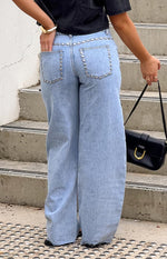 Jannina Light Wash Denim Studded Low Rise Jeans Image